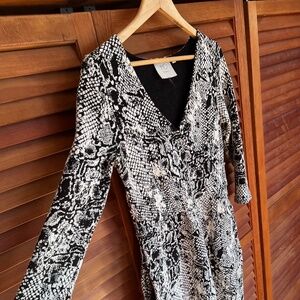 Anthropologie Snakeskin Print Stretchy Black/White Knit Midi Wrap Dress, Size S